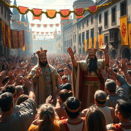 A grand and majestic scene depicting a crowd enthusiastically welcoming the arrival of kings