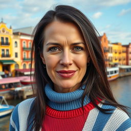 An attractive woman around 50 years old with long dark hair and a warm tan