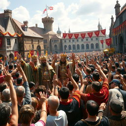 A grand and majestic scene depicting a crowd enthusiastically welcoming the arrival of kings