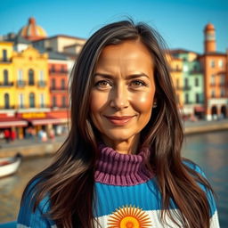 An attractive woman around 50 years old with long dark hair and a warm tan