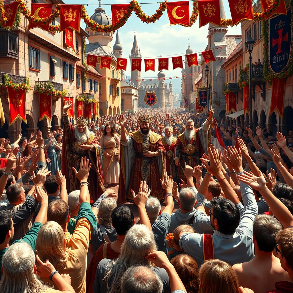 A grand and majestic scene depicting a crowd enthusiastically welcoming the arrival of kings