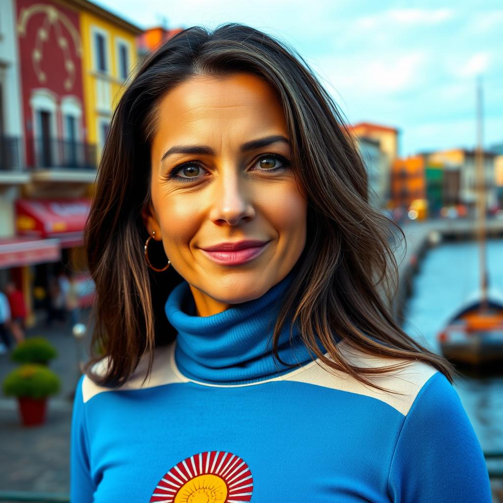 An attractive woman around 45 years old with long dark hair and a warm tan