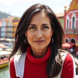 An attractive woman around 45 years old with long dark hair and a warm tan