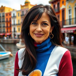 An attractive woman around 45 years old with long dark hair and a warm tan