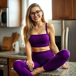 A 29-year-old secretary with 34D breasts, skinny build, and long thick dirty blonde hair, sitting on a kitchen countertop