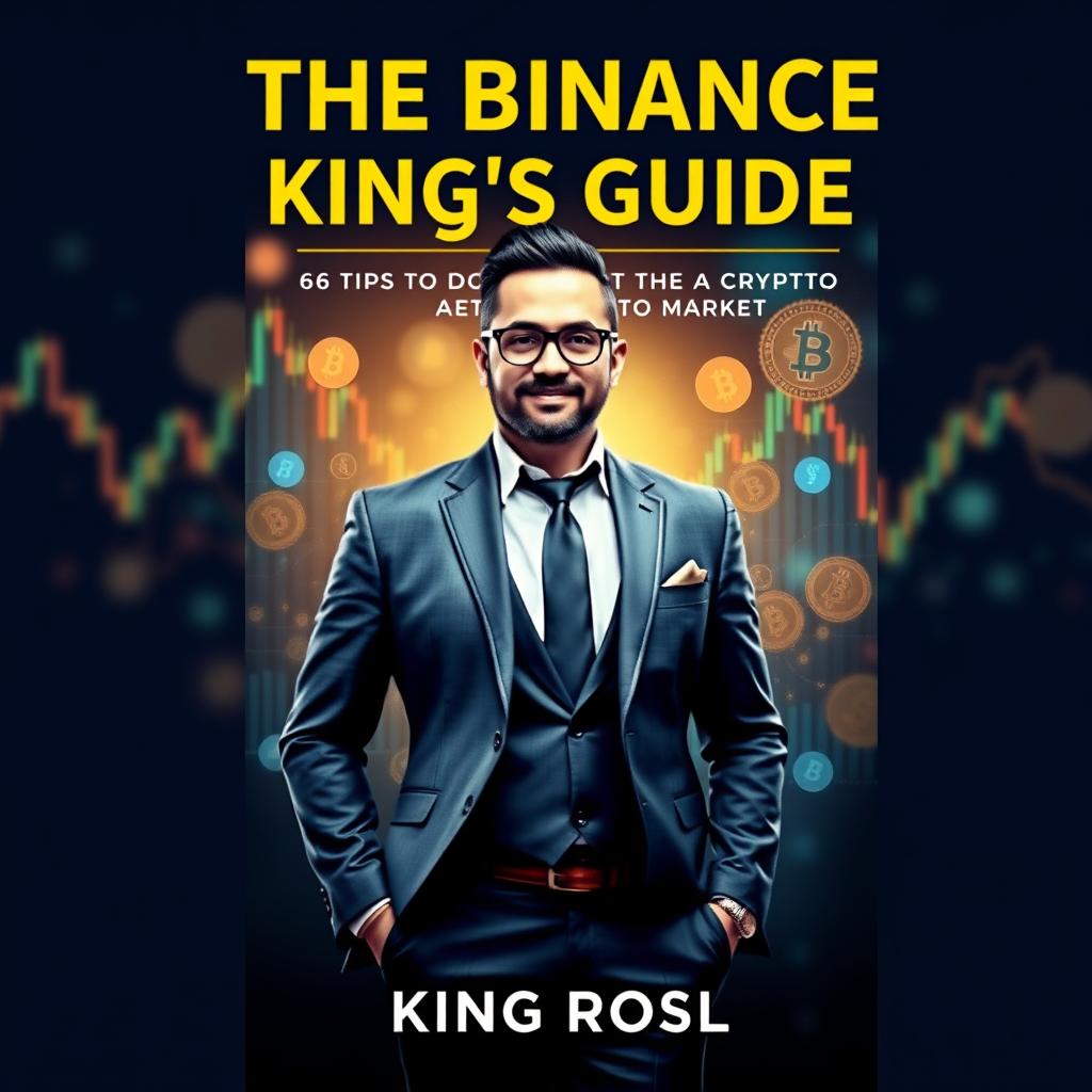 A captivating book cover for 'The Binance King's Guide: 66 Tips to Dominate the Crypto Market' by King Rosl