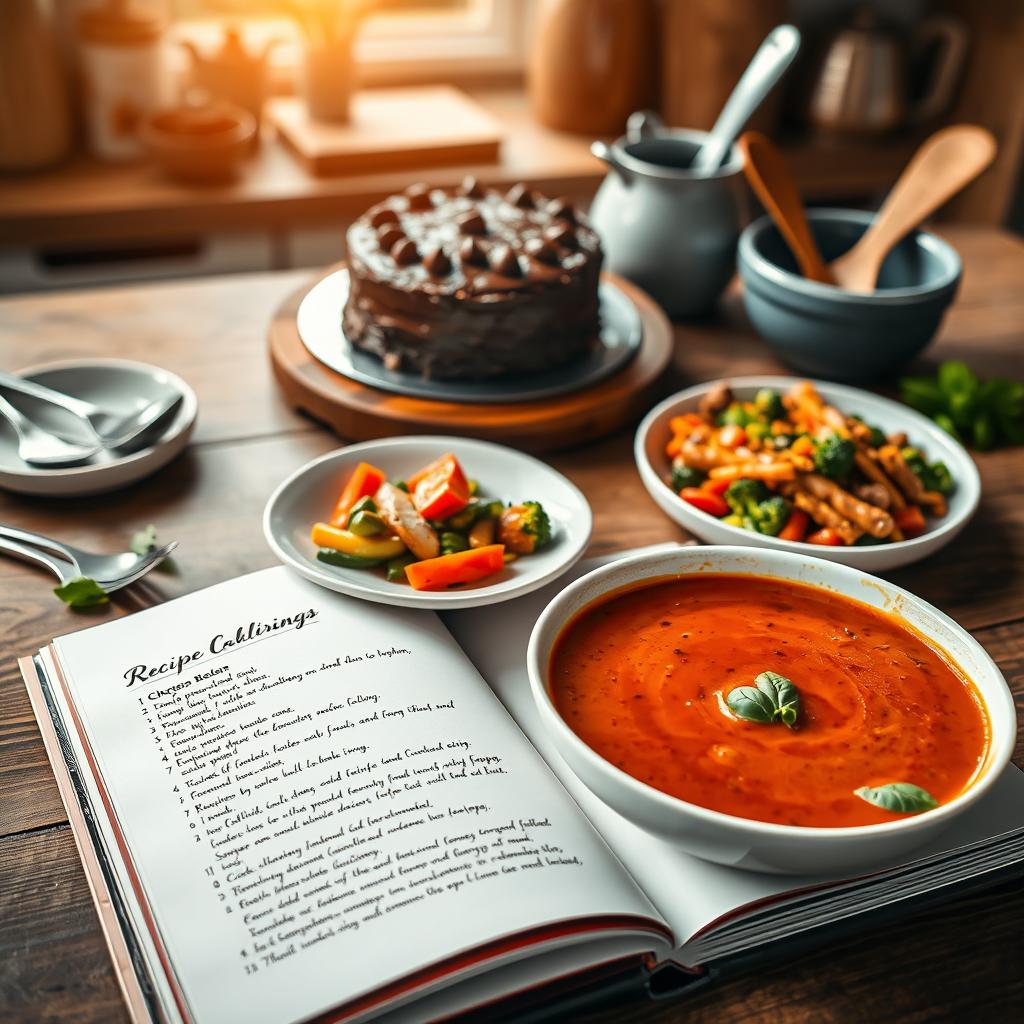 A beautifully arranged recipe book spread featuring a variety of mouth-watering dishes displayed on a wooden table