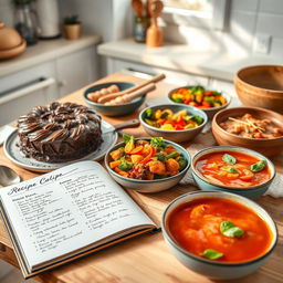 A beautifully arranged recipe book spread featuring a variety of mouth-watering dishes displayed on a wooden table