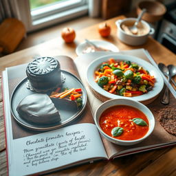 A beautifully arranged recipe book spread featuring a variety of mouth-watering dishes displayed on a wooden table