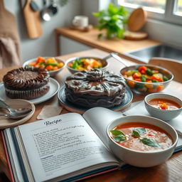 A beautifully arranged recipe book spread featuring a variety of mouth-watering dishes displayed on a wooden table