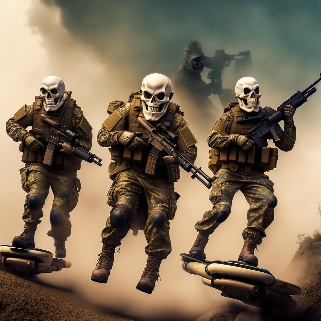 combatants in military fatigue and skeleton face masks and armed with assault rifles and on hover-boards high up in the air