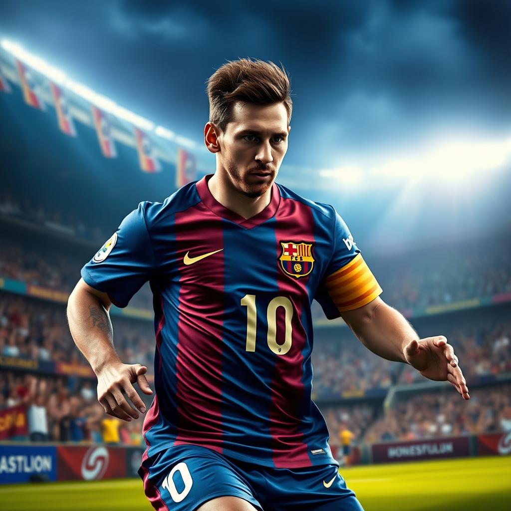 A detailed portrait of a soccer player resembling Lionel Messi, showcasing him in an action pose during a game