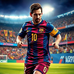 A detailed portrait of a soccer player resembling Lionel Messi, showcasing him in an action pose during a game