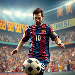 A detailed portrait of a soccer player resembling Lionel Messi, showcasing him in an action pose during a game