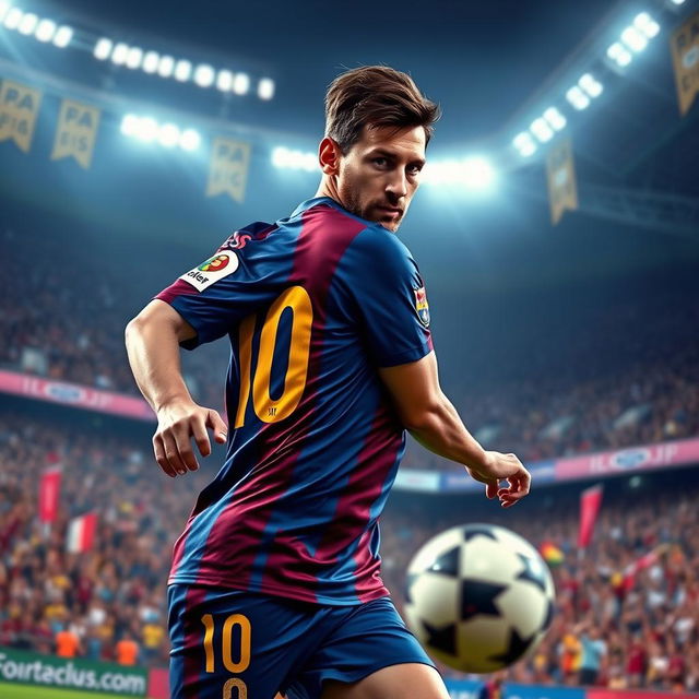 A detailed portrait of a soccer player resembling Lionel Messi, showcasing him in an action pose during a game