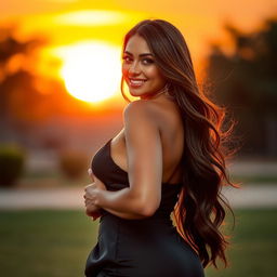 A stunning woman with ample curves and a confident pose, wearing a stylish and glamorous outfit that accentuates her figure
