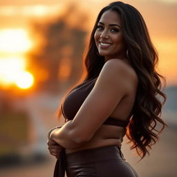 A stunning woman with ample curves and a confident pose, wearing a stylish and glamorous outfit that accentuates her figure