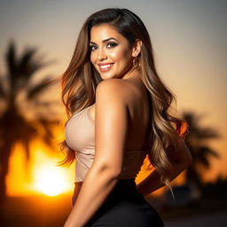 A stunning woman with ample curves and a confident pose, wearing a stylish and glamorous outfit that accentuates her figure