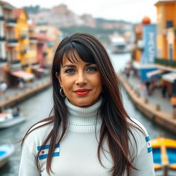 An attractive woman around 40 years old with long dark hair and a warm tan