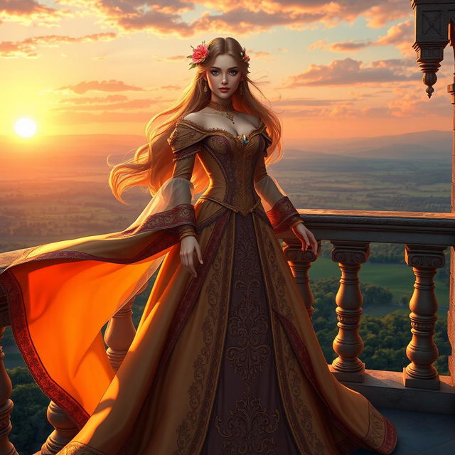 A stunning female character dressed in an intricately detailed medieval gown, standing confidently on a grand castle balcony