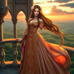 A stunning female character dressed in an intricately detailed medieval gown, standing confidently on a grand castle balcony