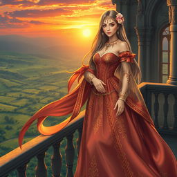 A stunning female character dressed in an intricately detailed medieval gown, standing confidently on a grand castle balcony