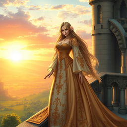 A stunning female character dressed in an intricately detailed medieval gown, standing confidently on a grand castle balcony
