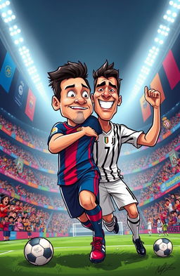 A dynamic scene depicting a humorous and exaggerated cartoon-style illustration of Messi playfully tackling Ronaldo