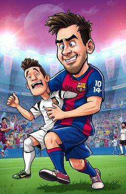 A dynamic scene depicting a humorous and exaggerated cartoon-style illustration of Messi playfully tackling Ronaldo