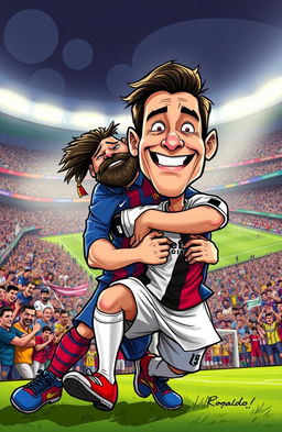 A dynamic scene depicting a humorous and exaggerated cartoon-style illustration of Messi playfully tackling Ronaldo