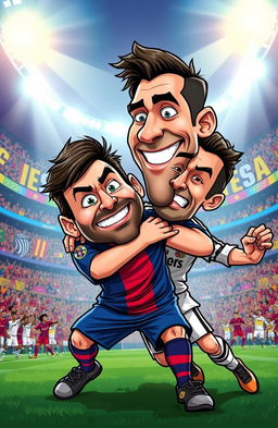 A dynamic scene depicting a humorous and exaggerated cartoon-style illustration of Messi playfully tackling Ronaldo