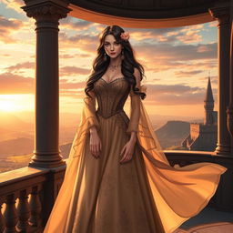 A sophisticated female character in an elegantly designed medieval gown, exuding confidence while standing on a grand castle balcony overlooking a breathtaking landscape