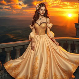 A sophisticated female character in an elegantly designed medieval gown, exuding confidence while standing on a grand castle balcony overlooking a breathtaking landscape