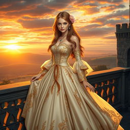 A sophisticated female character in an elegantly designed medieval gown, exuding confidence while standing on a grand castle balcony overlooking a breathtaking landscape