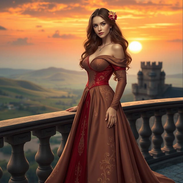 A sophisticated female character in an elegantly designed medieval gown, exuding confidence while standing on a grand castle balcony overlooking a breathtaking landscape