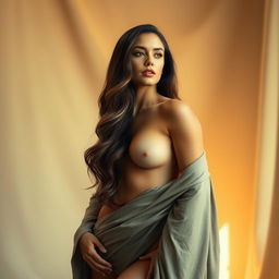 An elegant, confident woman with prominent curves, posing tastefully in an artistic setting