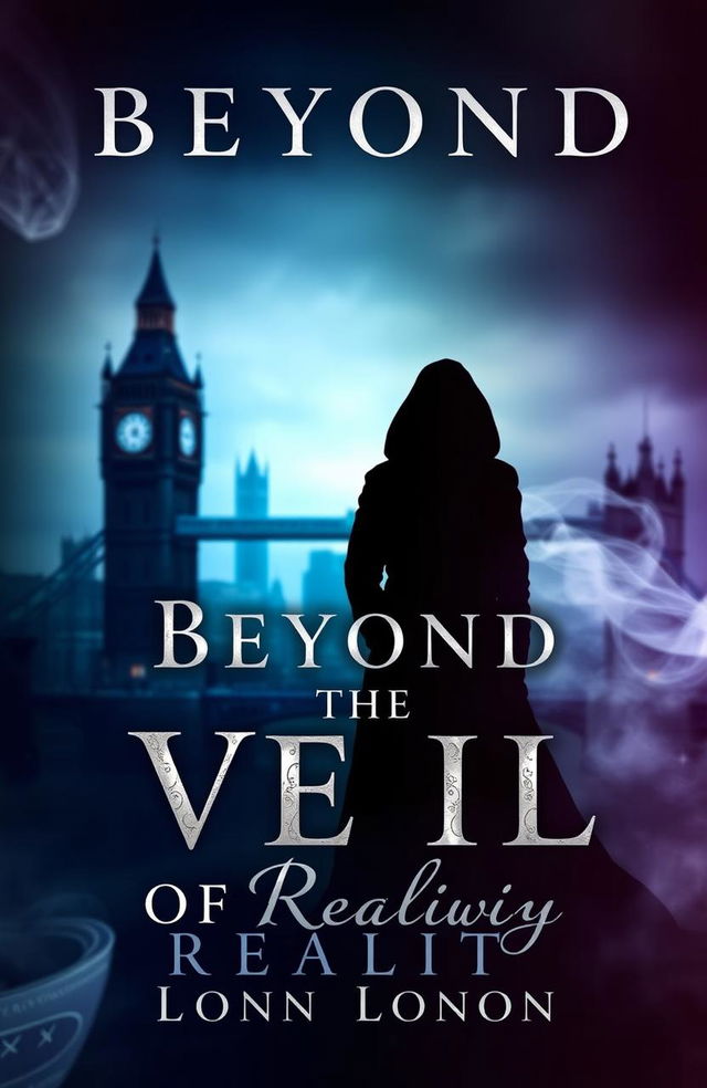 A captivating and atmospheric book cover design for "Beyond the Veil of Reality" featuring a shadowy figure silhouette standing in front of a blurred and mysterious London skyline