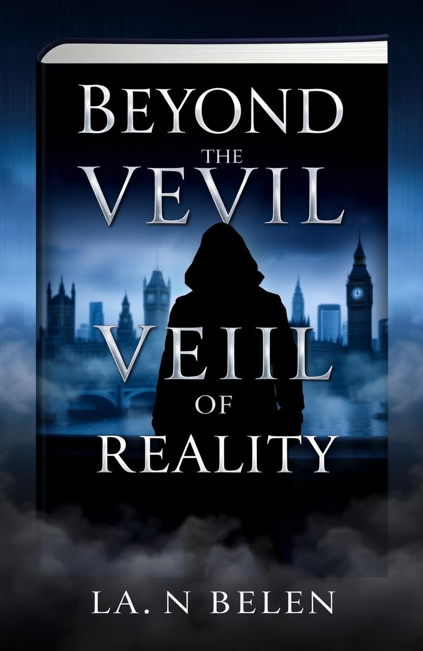 A captivating and atmospheric book cover design for "Beyond the Veil of Reality" featuring a shadowy figure silhouette standing in front of a blurred and mysterious London skyline