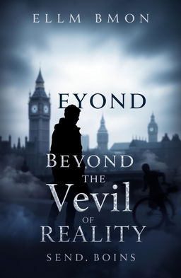 A captivating and atmospheric book cover design for "Beyond the Veil of Reality" featuring a shadowy figure silhouette standing in front of a blurred and mysterious London skyline