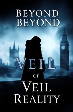 A captivating and atmospheric book cover design for "Beyond the Veil of Reality" featuring a shadowy figure silhouette standing in front of a blurred and mysterious London skyline