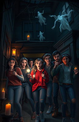 A thrilling scene featuring a group of diverse young adults exploring an eerie haunted house, filled with dark, mysterious shadows, flickering candlelight, and cobwebs