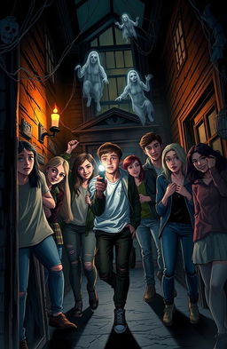 A thrilling scene featuring a group of diverse young adults exploring an eerie haunted house, filled with dark, mysterious shadows, flickering candlelight, and cobwebs