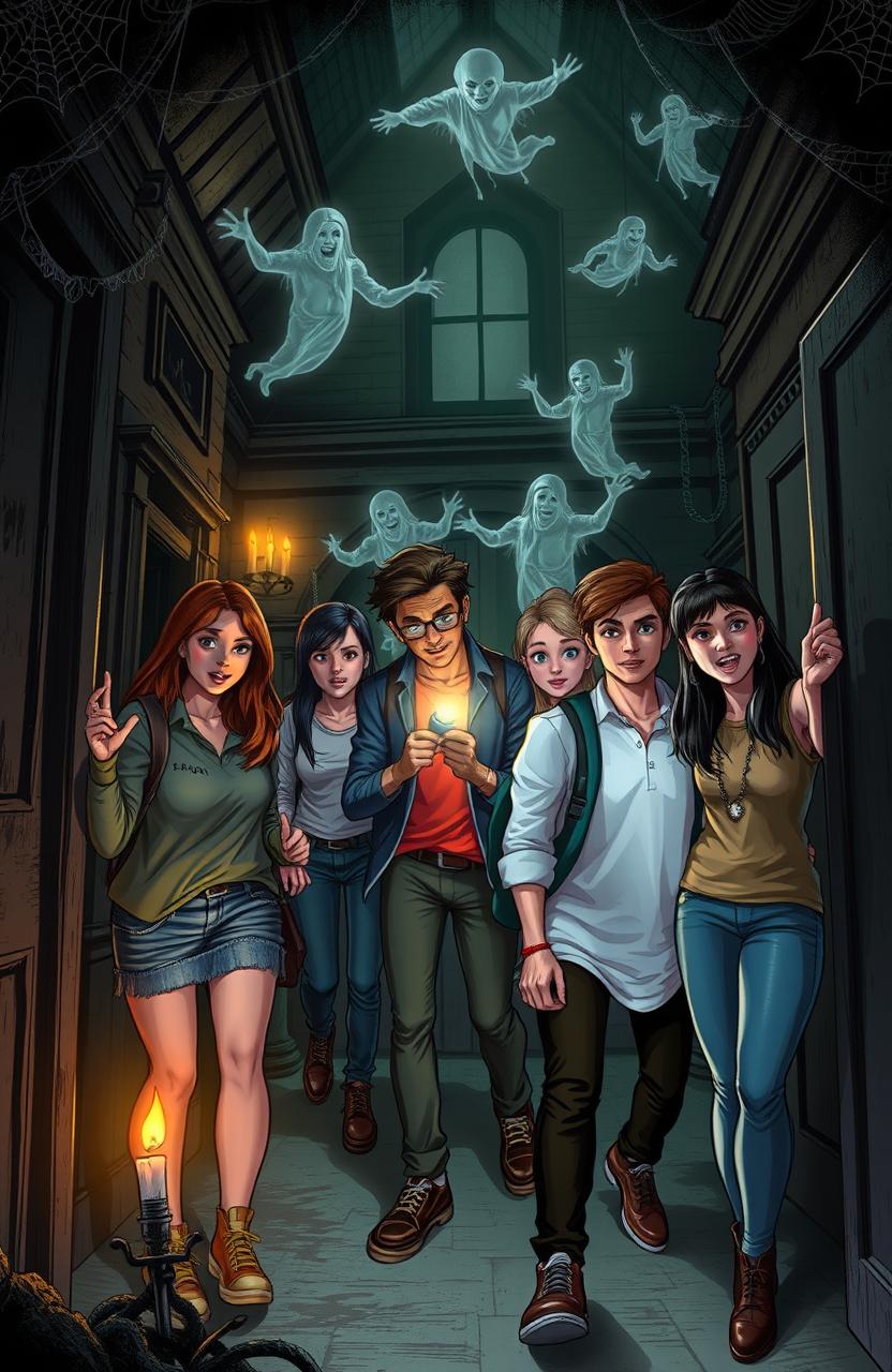 A thrilling scene featuring a group of diverse young adults exploring an eerie haunted house, filled with dark, mysterious shadows, flickering candlelight, and cobwebs