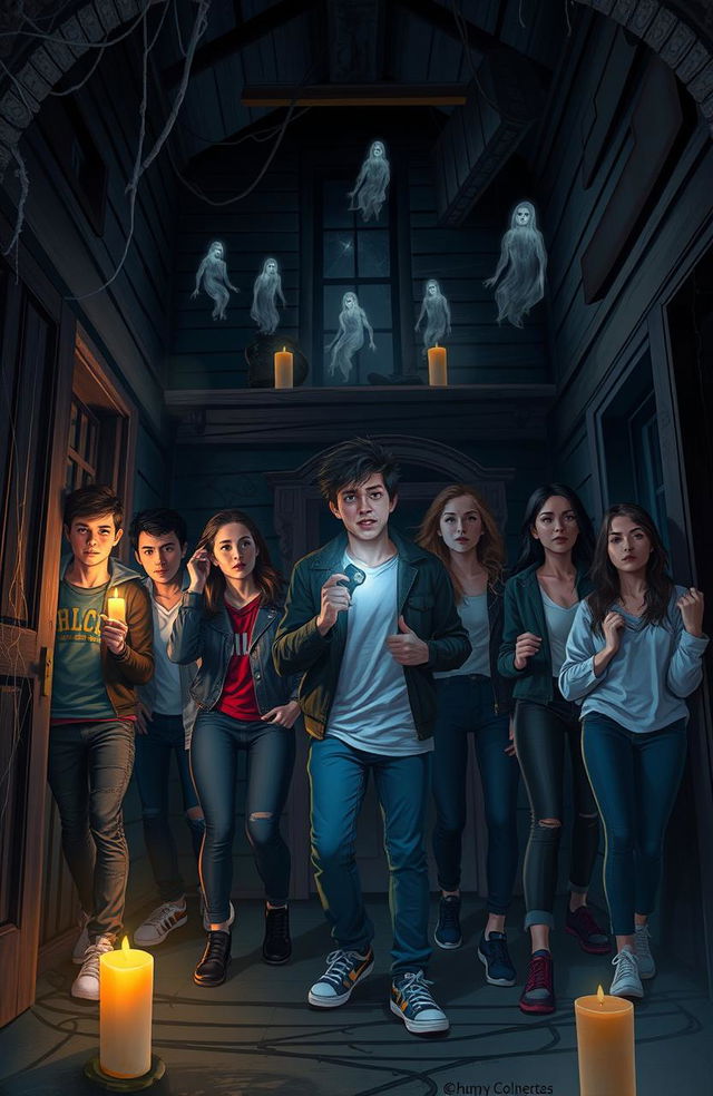 A thrilling scene featuring a group of diverse young adults exploring an eerie haunted house, filled with dark, mysterious shadows, flickering candlelight, and cobwebs