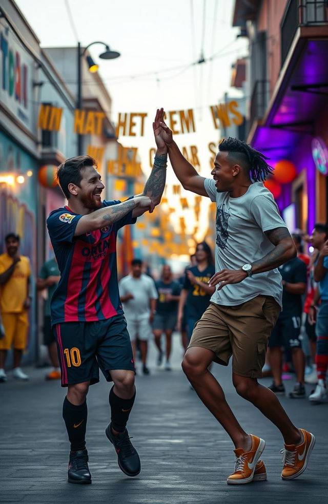 Lionel Messi and Neymar dancing joyfully on a vibrant street, surrounded by colorful decorations and lights, with a lively atmosphere