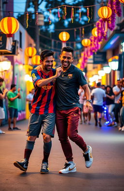 Lionel Messi and Neymar dancing joyfully on a vibrant street, surrounded by colorful decorations and lights, with a lively atmosphere