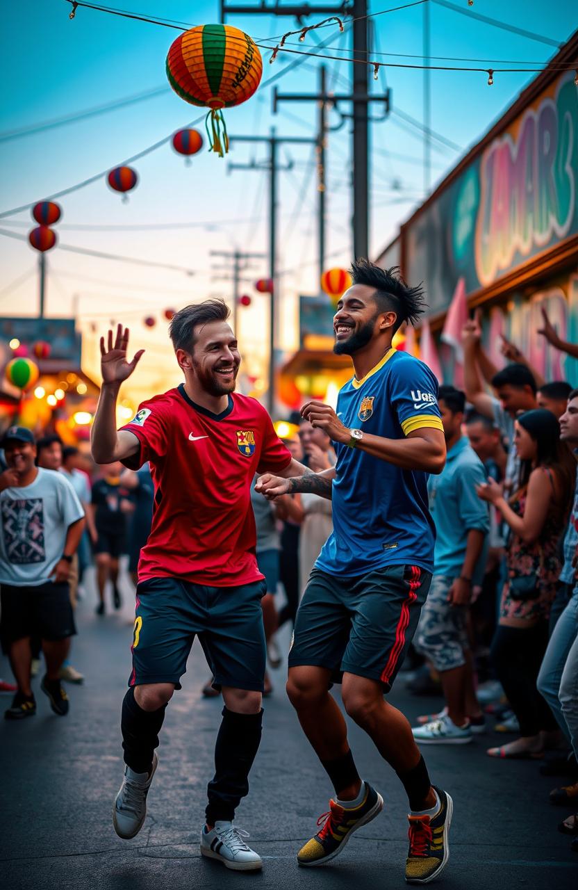 Lionel Messi and Neymar dancing joyfully on a vibrant street, surrounded by colorful decorations and lights, with a lively atmosphere