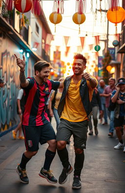 Lionel Messi and Neymar dancing joyfully on a vibrant street, surrounded by colorful decorations and lights, with a lively atmosphere
