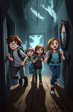 A dynamic scene depicting four young adventurers from 'Squad 2boys 2girls' exploring an eerie haunted house