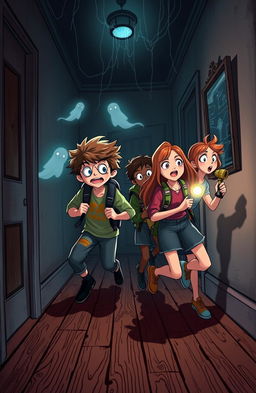 A dynamic scene depicting four young adventurers from 'Squad 2boys 2girls' exploring an eerie haunted house
